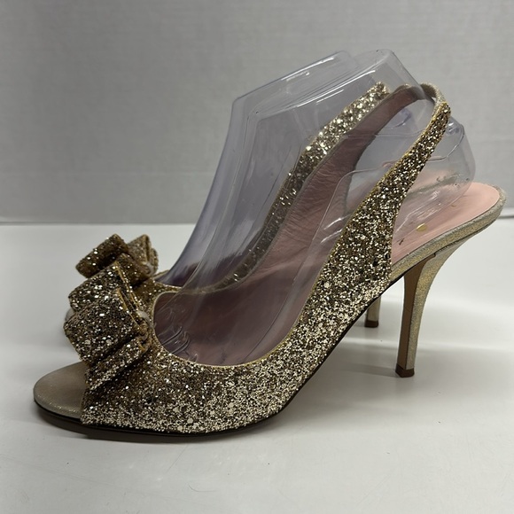 Kate Spade NY Heels Slingback Shoes Open Toe Bow Glitter Metallic Gold Size 10 - Picture 4 of 8